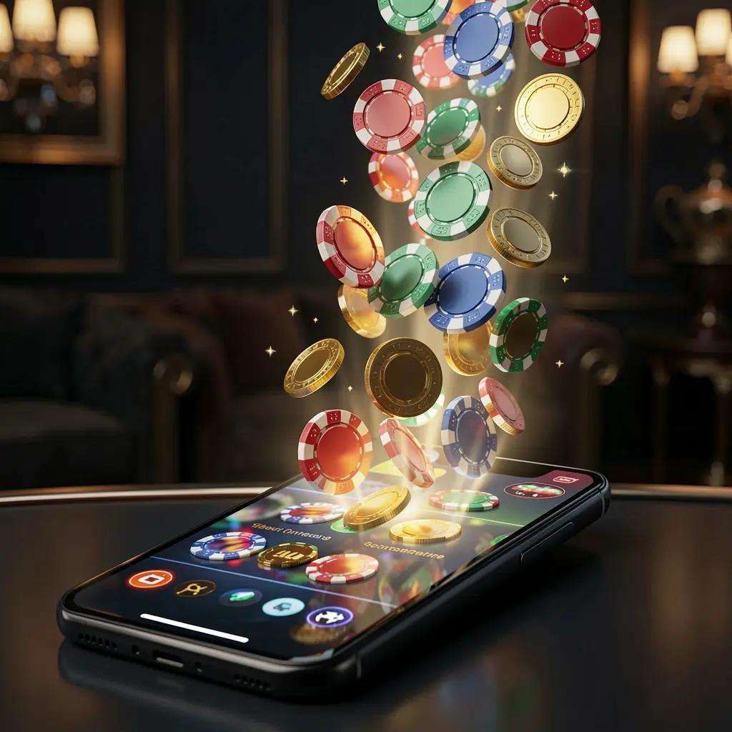 A8880 online gaming app displayed on a smartphone screen with glowing casino chips and coins emerging, set against a luxury dark background with cinematic lighting in a high detail 3D render