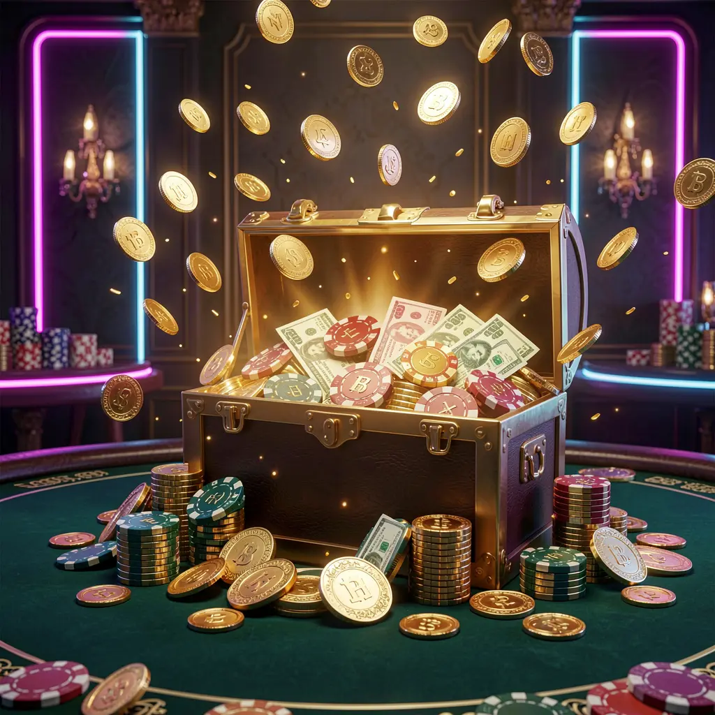 A8880 premium online casino bonus banner featuring golden coins flying around a glowing treasure chest filled with chips and cash, set against a luxury dark background with neon accents and a festive, elegant casino atmosphere