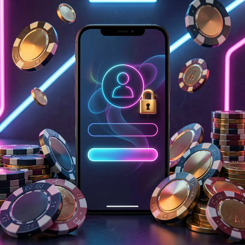 A8880 mobile gaming login page concept featuring a smartphone with an abstract login interface, user and lock icons, surrounded by casino chips and coins illuminated by luxury neon lighting