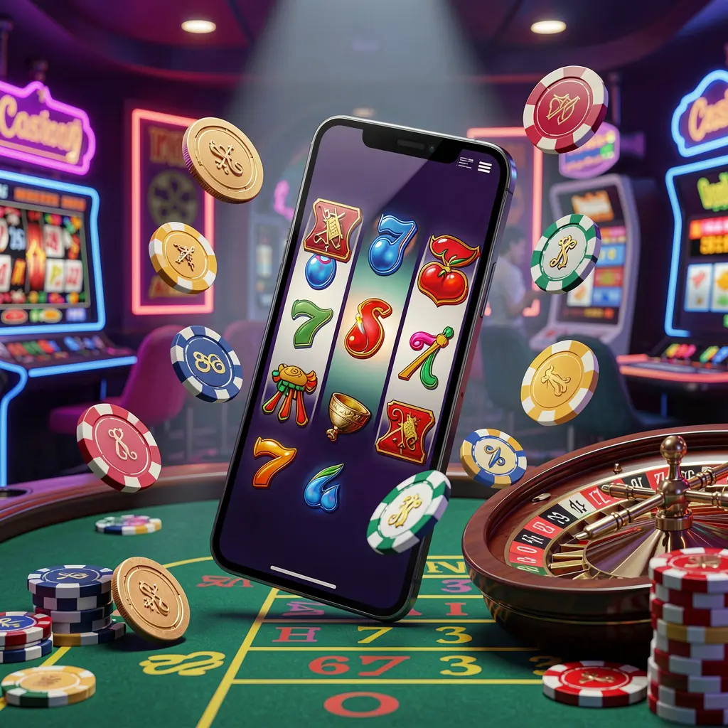 A8880 casino entertainment homepage concept featuring a modern mobile phone surrounded by slot symbols, roulette wheel, chips, and coins floating against a neon casino background in a premium 3D render
