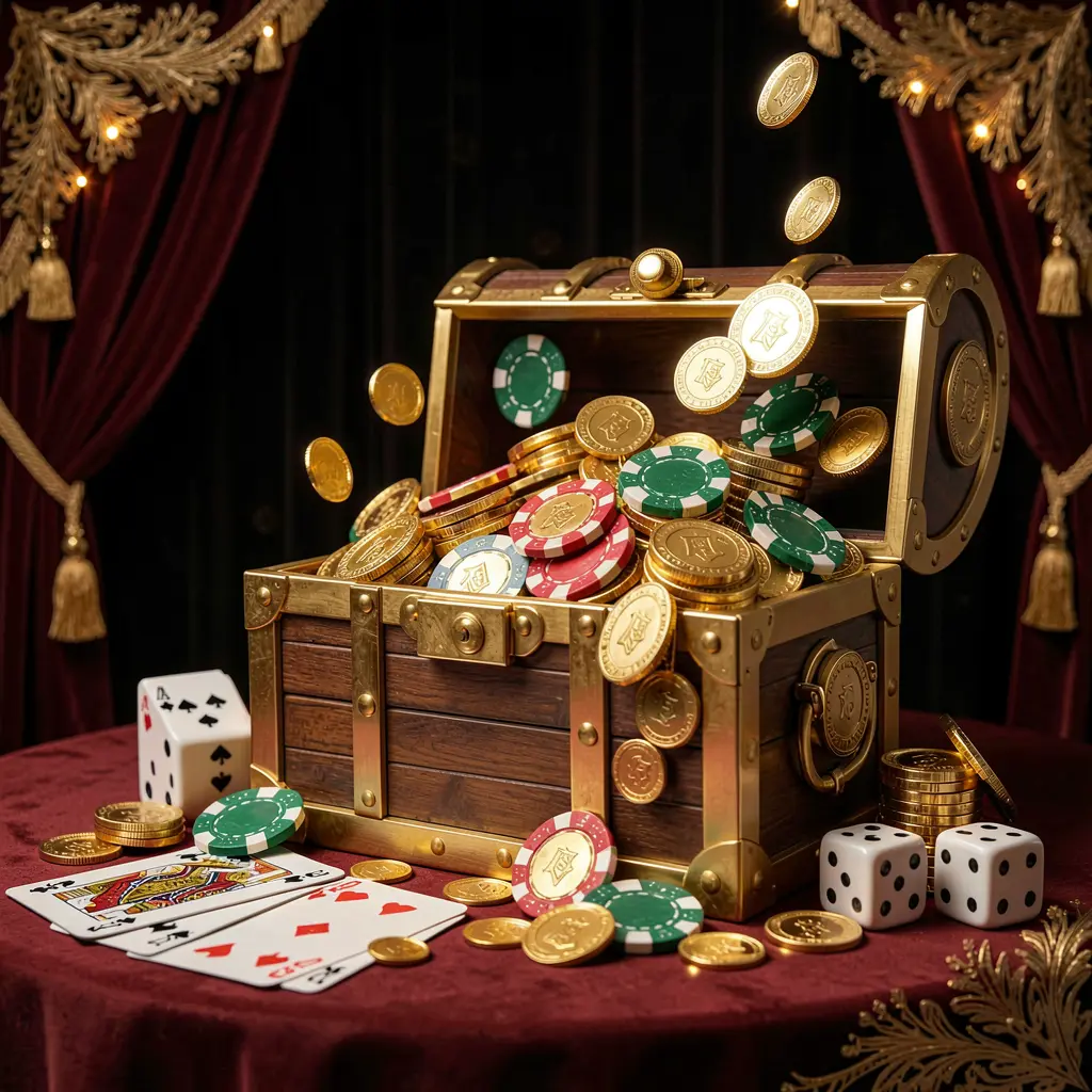 A8880 online casino welcome banner featuring a treasure chest filled with golden coins and casino chips, surrounded by playing cards and dice against a dark luxury background, creating a festive premium atmosphere